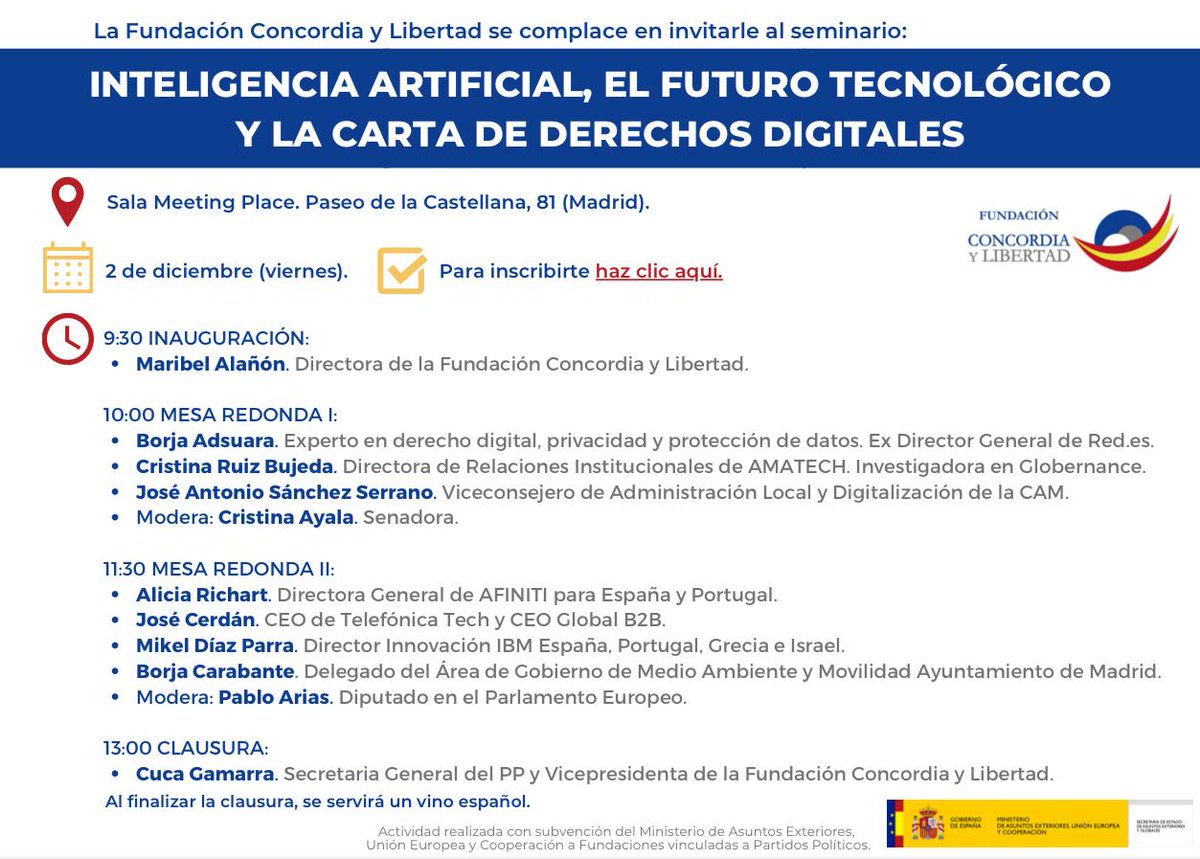 FundacionCyL's tweet photo. Te invitamos a participar en el seminario sobre: INTELIGENCIA ARTIFICIAL

🗓 Fecha: viernes, 2 de diciembre a las 09:30h  
📍La Sala Meeting Place en Paseo de Castellana, 81. Madrid.

👉 Para inscribirte haz click aquí: https://t.co/m25c4LlVHx 

¡Te esperamos! https://t.co/oPDEuivdbI