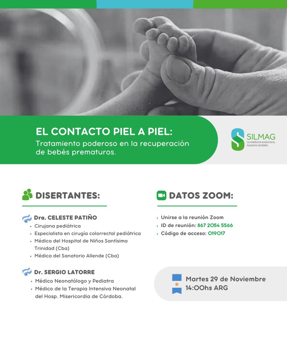 📌Charla virtual
⏩El contacto piel a piel: tratamiento poderoso en la recuperación de bebes prematuros.
🟣Disertantes:
🩺Dr. SERGIO LATORRE
🩺Dra. CELESTE PATIÑO

📆Martes 29/11
⏰14 hs
#Silmag #mejoracontinua #Prematuro  #Cuidados #Contacto #Abrazo #Familia