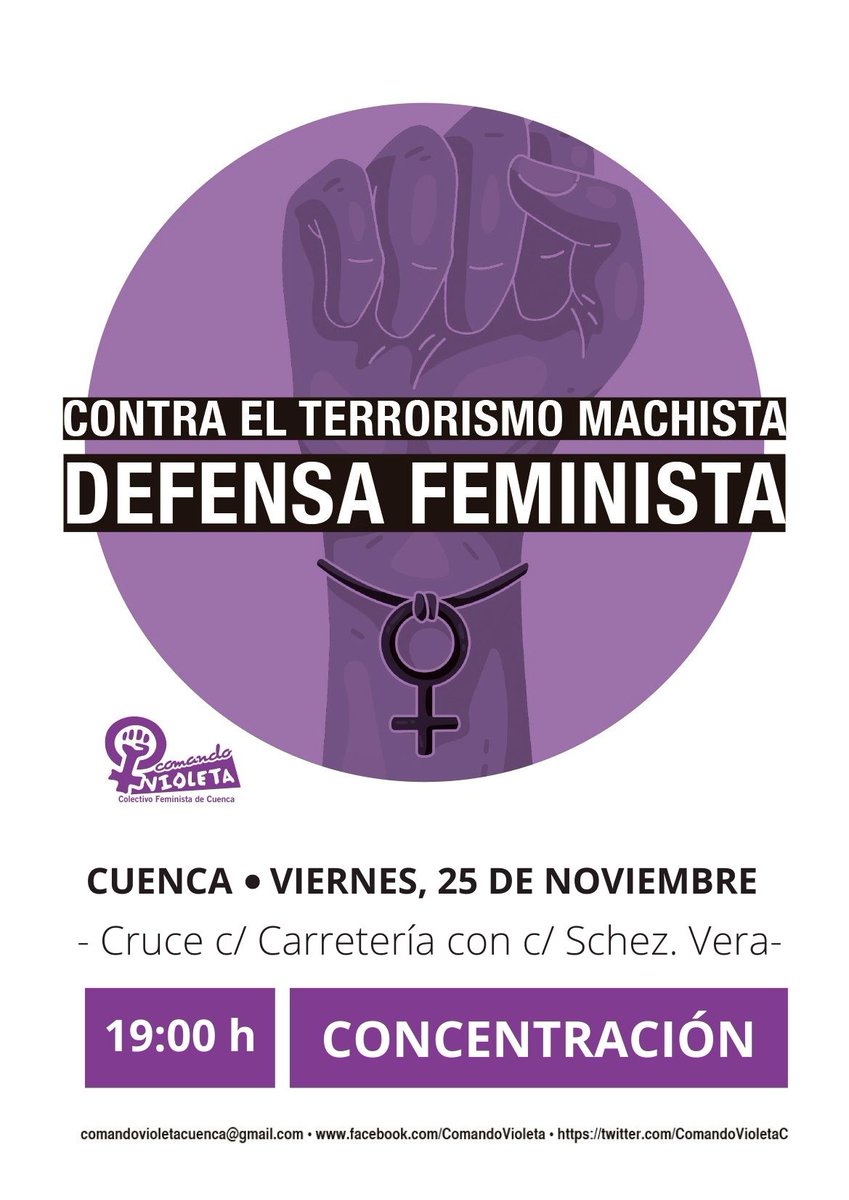 AntifaCuenca's tweet photo. Esta tarde tenemos una cita contra la violencia machista en el día contra la violencia hacia la mujer.

¡Ni una menos, ni una más!

🕒19:00 horas 
📍Cruce de carretería con Sánchez Vera https://t.co/zhHKuIc8d9