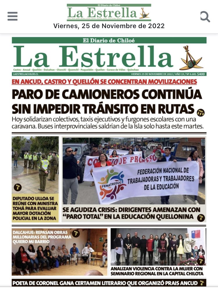 p_informativocl's tweet photo. Portada diarios regionales, viernes 25 de noviembre.
#puertomontt #castro #osorno #camioneros #ParoCamioneros #quellon #ancud #essal https://t.co/4stAXl6gPa
