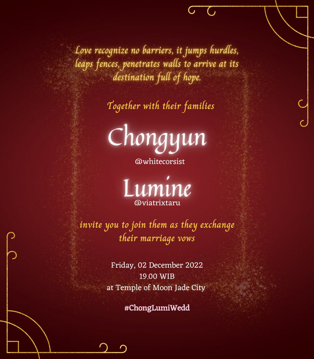 ⠀
⠀
⠀ ⠀⠀⠀⠀⠀ 𓂃୨🎀୧𓂃
⠀⠀⠀𝑻𝑯𝑬    𝑾𝑬𝑬𝑫𝑰𝑵𝑮    𝑶𝑭
⠀⠀⠀CHONGYUN &amp; LUMINE
⠀⠀⠀O2   DECEMBER  2O22
⠀
⠀