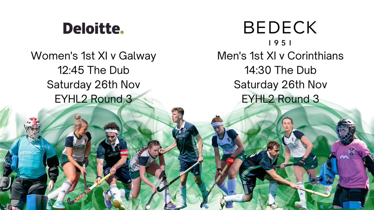 Two big games this weekend. First time ever our Women’s and Men’s teams both play EYHL2 back to back, with our Women’s facing Galway while our Men play after taking on Corinthians💙💚🏑
Thanks to our Women’s and Men’s sponsors <a href="/deloitte/">Deloitte</a> and @bedeck1951 for their continued support