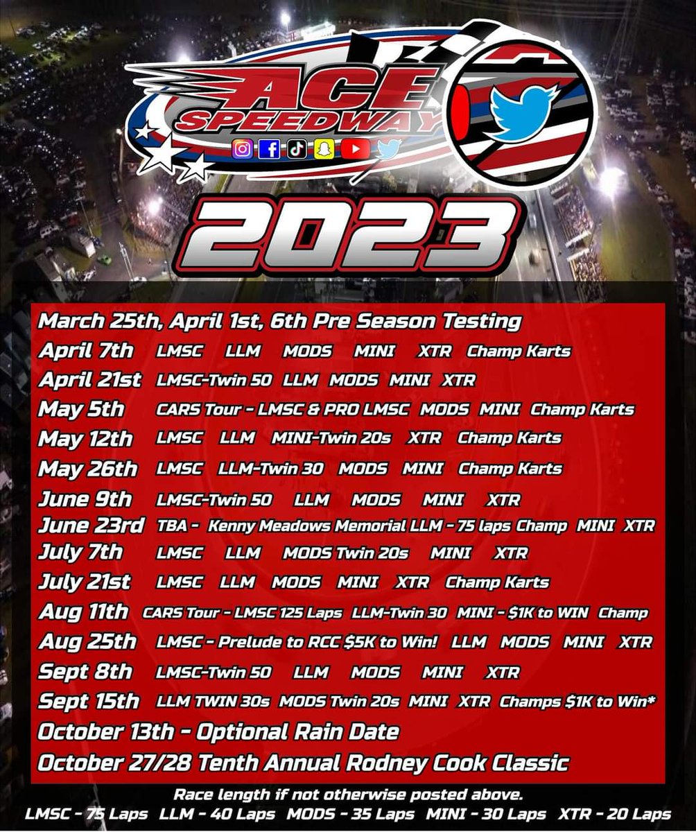 Race Fans!

We hope you've all had a very Happy Thanksgiving.  We all have a lot to be thankful for.

Here is the 2023 Season Schedule here at the #famous4tenthsmile.

We can't wait to #seeYOUattheraces.
Want more Ace Speedway content?  Subscribe to our @YouTube channel for more!