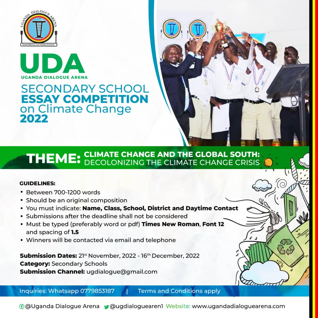 ugdialoguearen1's tweet image. Ladies and gentlemen, we've got some hot package for your holiday. So out your brains and pens,and let's write!!🔥✍️
Here goes #UDACLIMATEESSAYS22. @ngoforum @Solidaridadnetw @KCCAUG @nwscug  @ubf_info @FOWODE_UGANDA @Centre4WritingU @ViAgroforestry  @Parliament_Ug