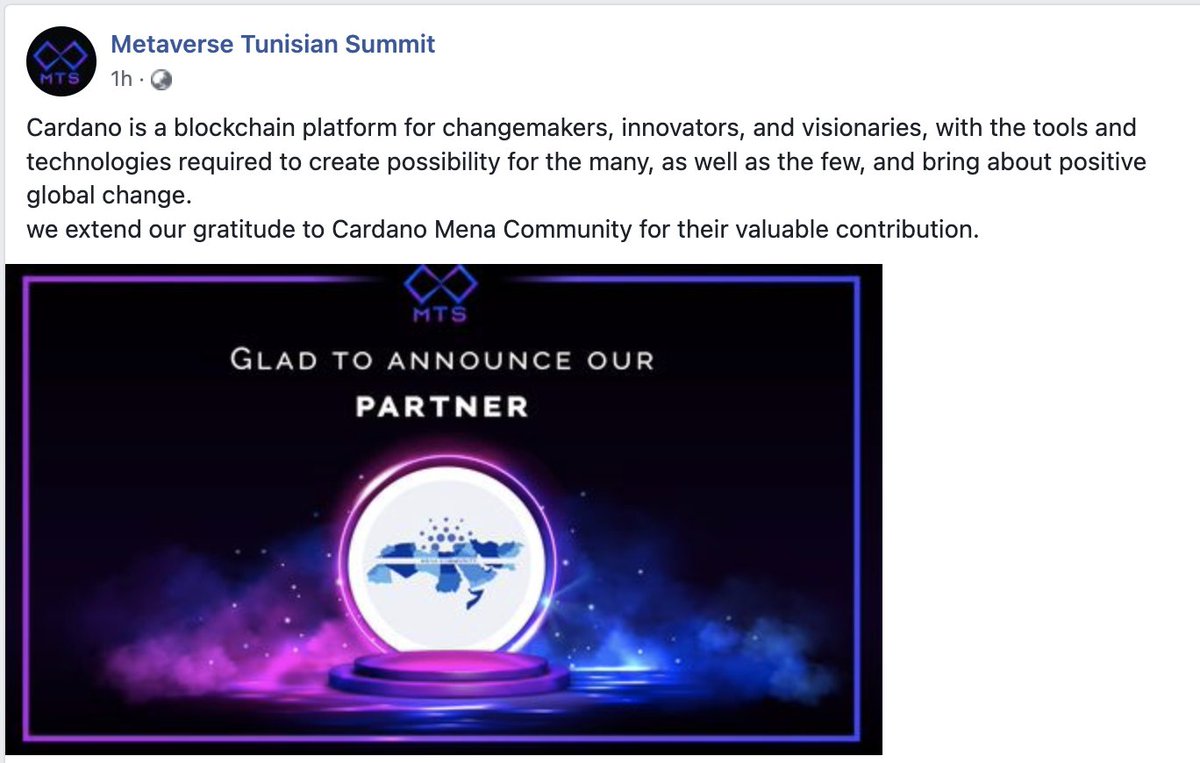 Happy to be partnering with the #Metaverse Tunisian Summit in helping introduce #cardano and it's potential in the region. facebook.com/10008625367485…