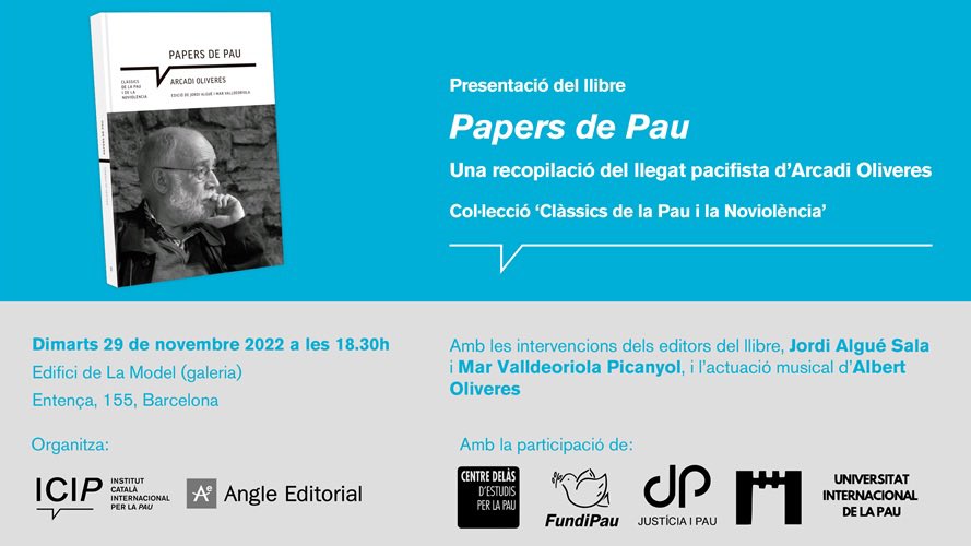 Dimarts 29 de novembre teniu una cita! Presentem “Papers de pau” un recull de textos que conformen el llegat pacifista d’Arcadi Oliveres i que hem elaborat conjuntament en <a href="/jordials/">Jordi Algué Sala</a> i una servidora, editat per <a href="/ICIPeace/">ICIP</a> i <a href="/angleeditorial/">Angle Editorial</a>.
Serà a la #Model a les 18.30h