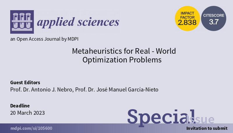 Applsci's tweet image. #SpecialIssue
#Metaheuristics for Real-World #Optimization Problems

📅 Extended Deadline for Submissions: 20 March 2023

👨‍🔬 Guest Editors:  
Dr.  Antonio J. Nebro, Dr. José Manuel García-Nieto @InfoUMA

🔗 mdpi.com/journal/applsc…

We invite you to participate!

#mdpiapplsci