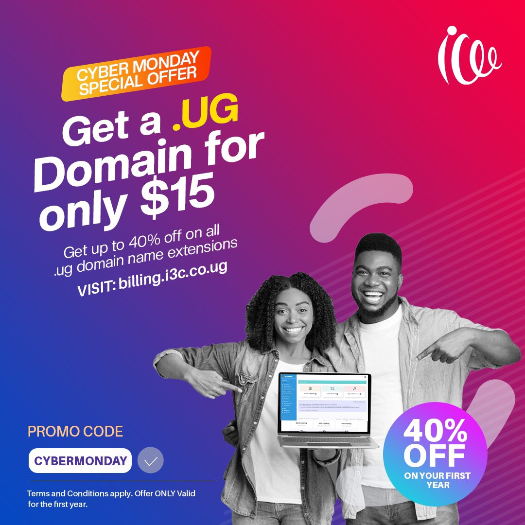Infinityi3C's tweet photo. ๐Cyber Monday Special Offer! ๐
Get 40% OFF on all .ug Domain Name extensions on your first year.
Visit: ๐ ๐ฑ๐ป https://t.co/zXj7Ow2alP to get offer now!
Promo Code: CYBERMONDAY
#CyberMonday2022 #sale #UGDomainNames #i3CDomains https://t.co/Vo3QHkcYZk
