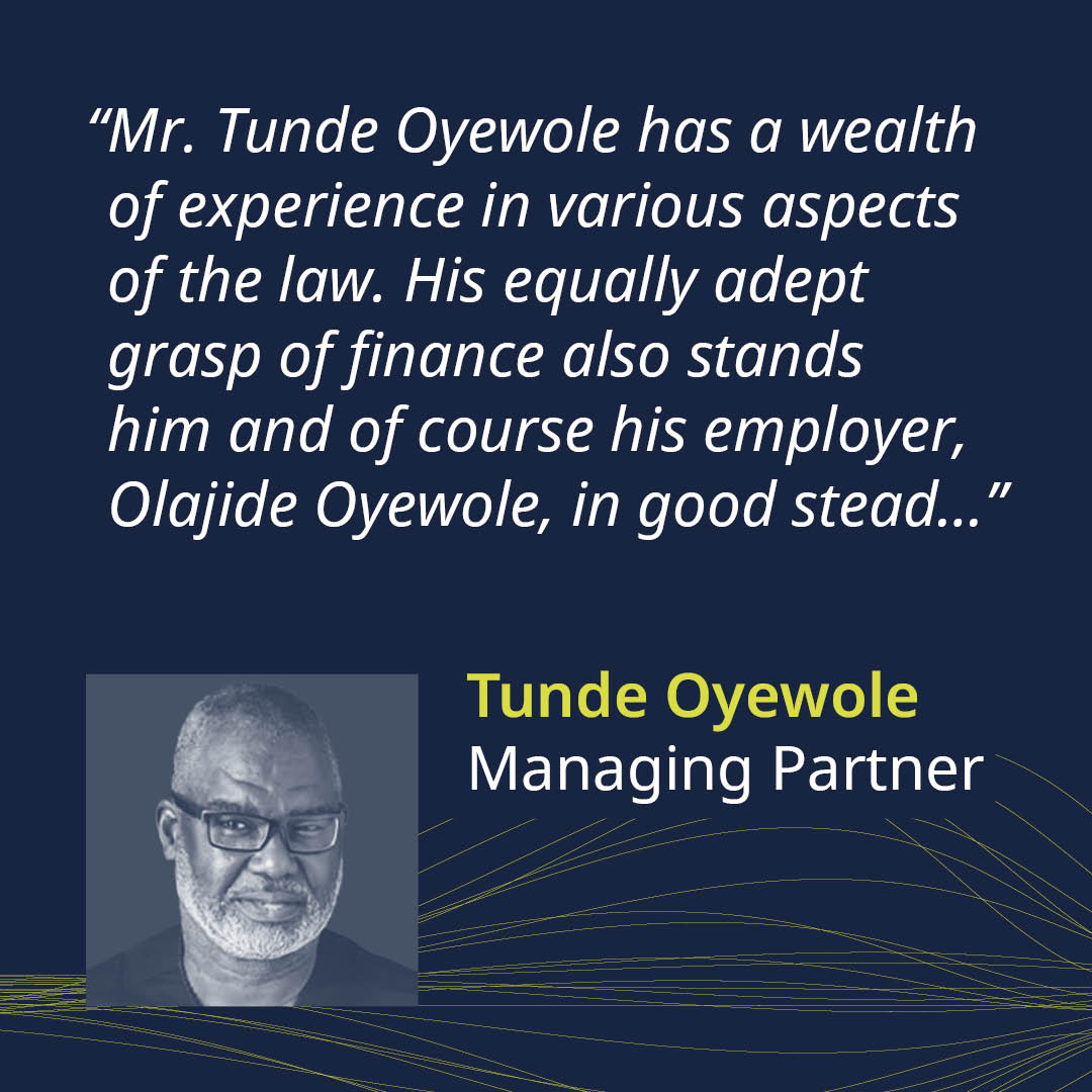 OlajideOyewole's tweet photo. We are delighted to share the market feedback on our Partners, Tunde Oyewole, @OyewoleSandra, Dayo Idowu, Samuel Salako, and our Legal Director, Olufunke Fawehinmi in the @IFLR1000 Global Rankings Report for 2022. https://t.co/8k8j1D5lrL