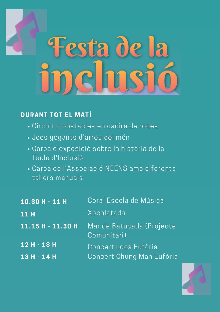 EscolaLio's tweet photo. Benvolgudes famílies, 

Aquest diumenge es celebra la festa de la inclusió al nostre municipi. Us compartim els cartells informatius. Us hi esperem!#SomLaLió https://t.co/ripkOWlfxK