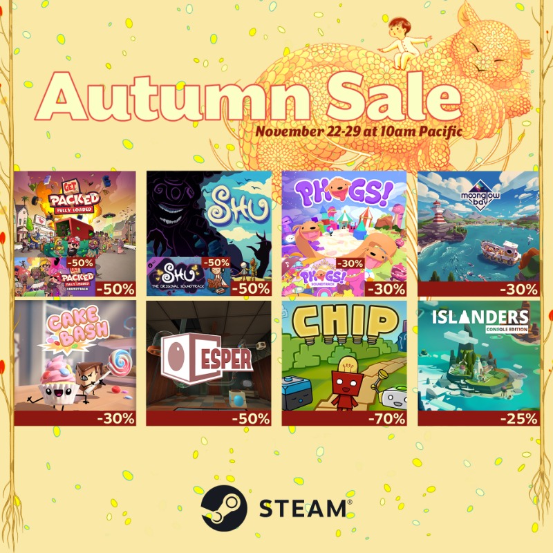 Coatsink's tweet photo. Save up to 70% on selected Coatsink titles in the @Steam Autumn Sale until 29 November 2022.

Including Chip, @getpackedgame, @moonglowbay, @playphogs, @shuthegame, @playesper. @islandersgame and @playcakebash