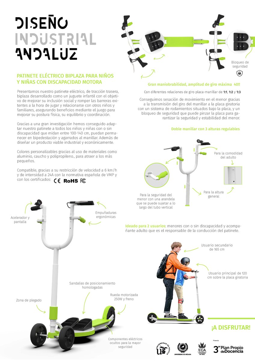 👏Espectaculares proyectos presentados por las alumnas andaluzas al III Concurso Interuniversitario de #Diseño Industrial Andaluz. 

🥇 Destaca el primer premio de Julia Rodríguez, un #patinete eléctrico biplaza para niños y niñas con discapacidad motora leve ¡Enhorabuena!  ⤵️