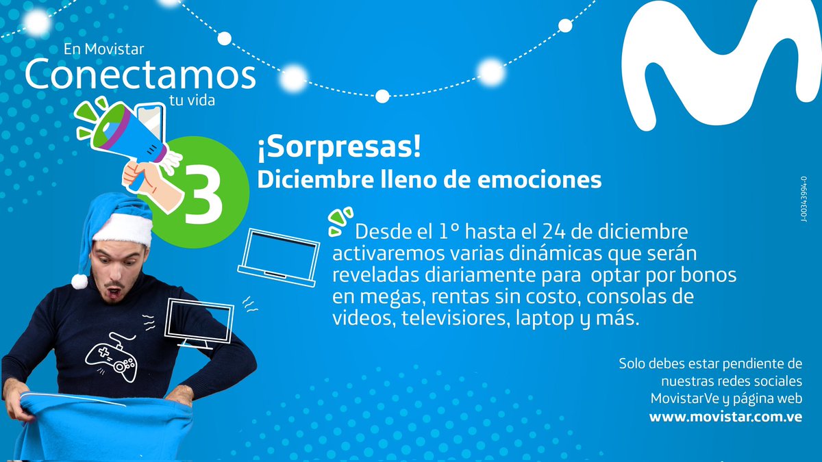 MovistarVe's tweet photo. 🔉En Movistar #ConectamosTuVida y traemos todo esto para ti 

📲 eSIM 
📱 Venta de celulares en zonas de experiencia
🤳 Plan de 25GB
🎁 24 días de sorpresas en Navidad

Entérate de más  👇 https://t.co/FKnevMX0Pj
