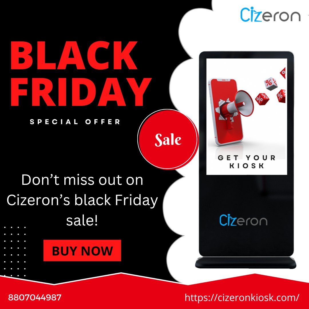 CizeronK's tweet photo. Don’t miss out on Cizeron’s black Friday sale! Today, you can take home one of our kiosks for Discounted prices!

Follow us and DM us to know more.
To hear from us: +91 88070 44987
 look at our website-https://t.co/ZtbOXEdq7V

#blackfriday #kiosks #friday #Offers #India https://t.co/tvkStmDJ8C