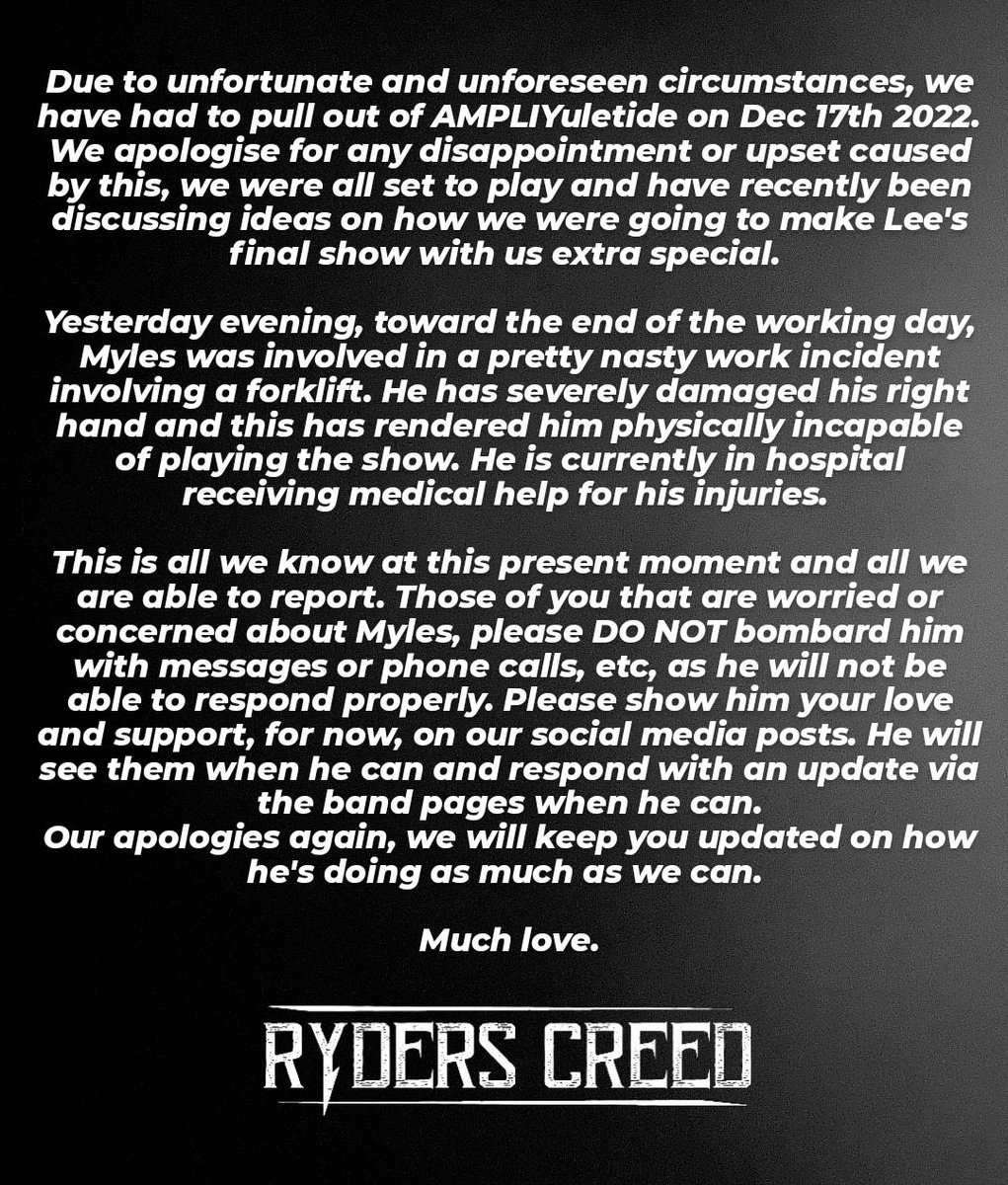 AMPLIYuletide UPDATE::
Myles has had a pretty serious injury rendering him physically unable to play the show.

Please show all concerns and support for his recovery on our social posts and respect his wishes to not be contacted directly at this current time.
Much love 💜
