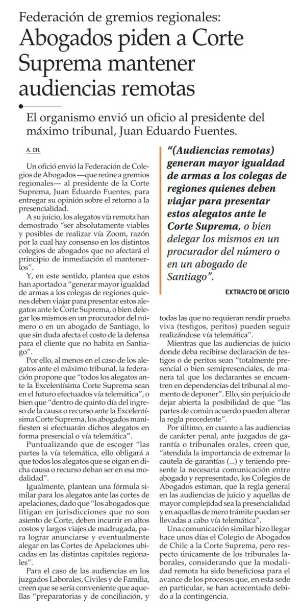 LLeguleya's tweet photo. Abogados piden a Corte Suprema mantener audiencias remotas (vía El Mercurio) https://t.co/Bh42TbSqYx