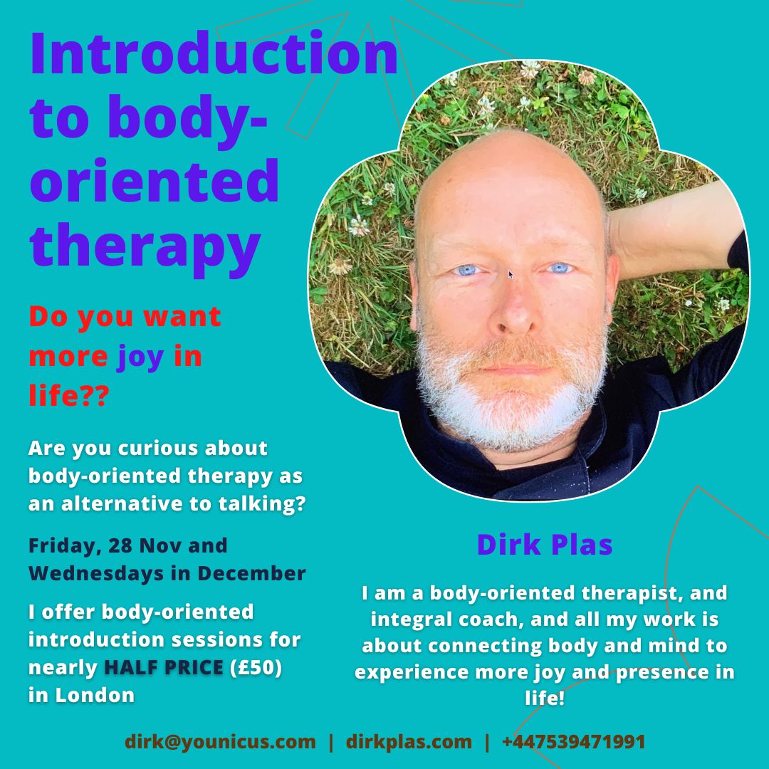 *** BODY-ORIENTED THERAPY ***

To increase awareness of body-oriented #therapy, I offer 1-hour introduction sessions in #London every Wednesday afternoon during December.