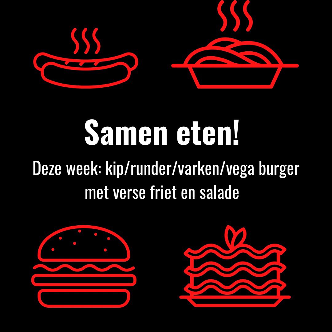 Ook deze week is er een heerlijke maaltijd te koop in de kantine! Op het menu: luxe burger met verse friet en salade
Kosten 3 munten
Tijd: tussen 17:30 en 18:15 uur 
Sponsoren: Flinkert vlees, Robaard groente fruit en aardappelen. Verse friet van Cafetaria Koedijk/Haveltermade.
