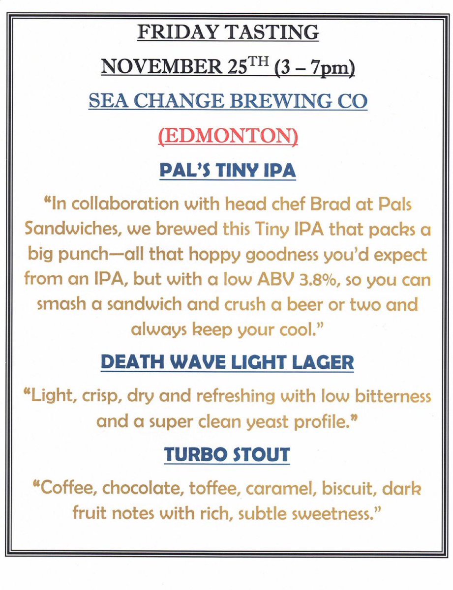 LPSpirits's tweet photo. Well we’re at it again…#BFF #BeerForFree #Friday Tasting is happening featuring @SeaChangeBeer
#CraftBeer
#yegCraftBeer
#AlbertaCraftBeer
#CanadianCraftBeer
#Cheers https://t.co/znEbqvG3Hq