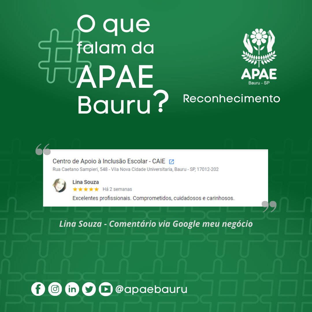 apaebauru's tweet image. Oferecer a melhor qualidade e humanização na prestação dos serviços está na missão da APAE Bauru. 💛

Obrigada, Lina Souza, pelo carinho e reconhecimento ao nosso trabalho e equipe. 🙏

@apaebrasil

#apae #apaebauru #bauru
#inclusão #trabalhohumanizado