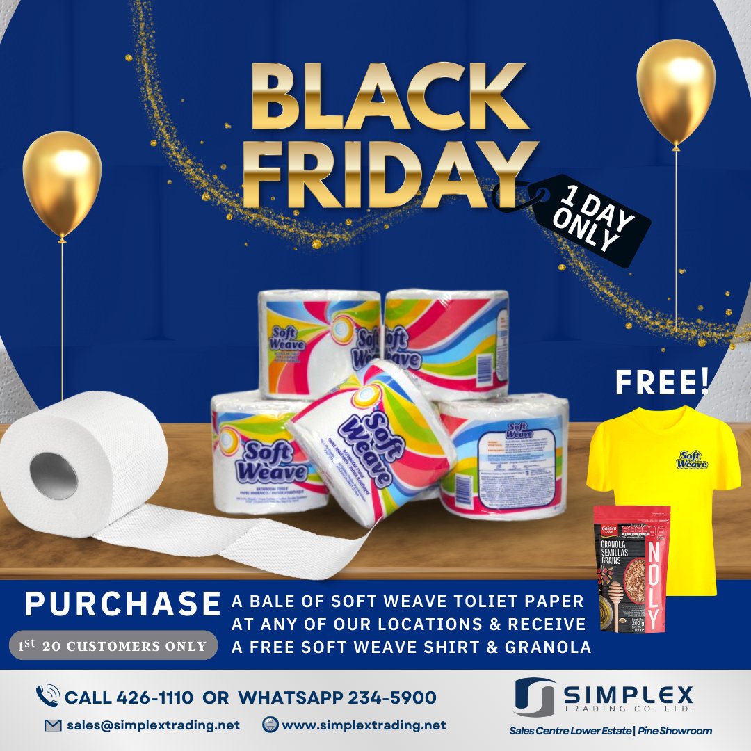 simplex_trading's tweet image. Visit us today at either of our locations for our Black Friday Special Offer.  

The first 20 customers will receive a free Soft Weave T-shirt and a pack of our tasty Noly Granola when you purchase a bale of Soft Weave toliet paper.  
 
*Shirt sizes not guaranteed  
 #blackfriday