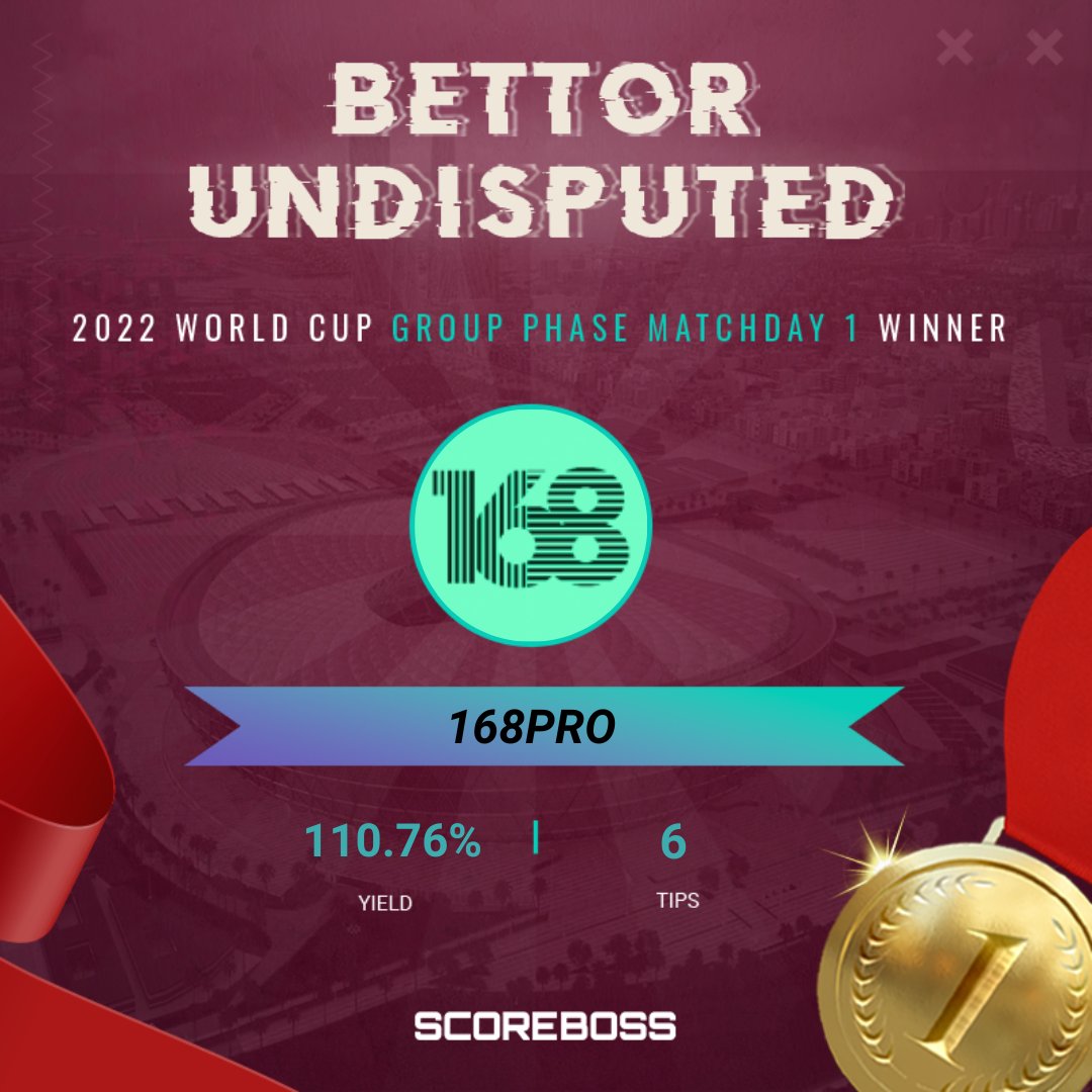 ScoreBoss_EN's tweet photo. Here is our winner for #Bettorundisputed Group phase match day 1 ! ⚽🏆

Welldone @168Tips 🎉

Do you have the winning picks for #FIFAWorldCup  ?

Join us here! 👇

🌐https://t.co/LonaxRzGrV

#ScoreBoss
#Qatar2022 https://t.co/6BZwNT6wTz