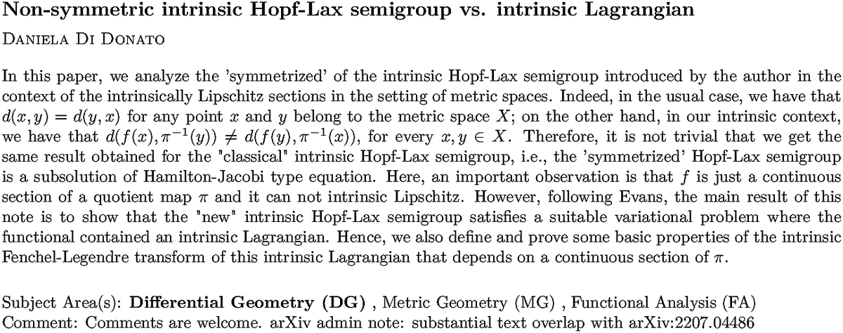 arxiv.org/abs/2211.12822…
D D Donato
Non-symmetric intrinsic Hopf-Lax semigroup vs. intrinsic Lagrangian