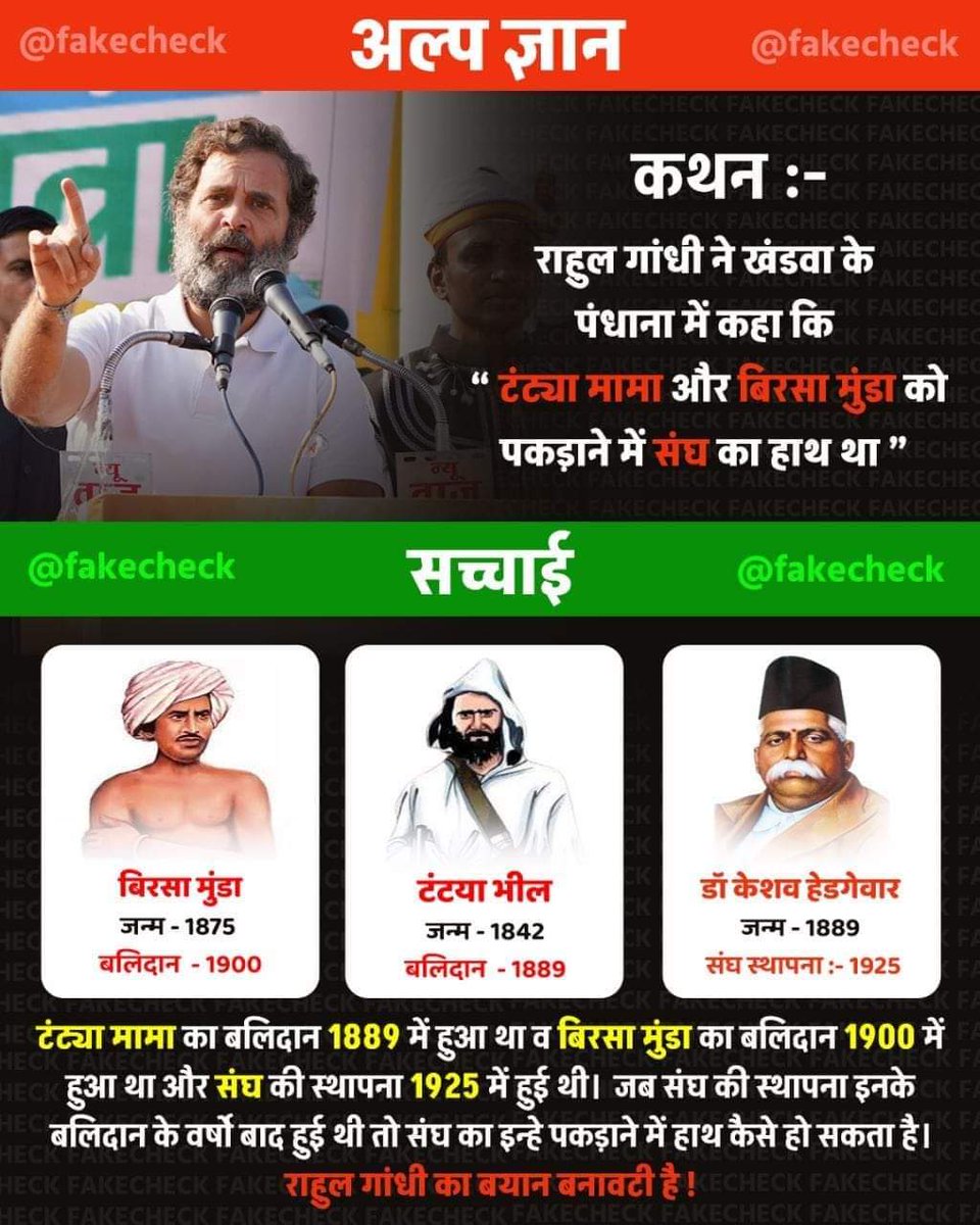 राहुल गांधी ने  कहा कि टंट्या मामा और बिरसा मुंडा को पकड़ाने में सघं का हाथ था। टंट्या मामा का बलिदान 1889 मेंहुआ था व बिरसा मुंडा का बलिदान 1900 मेंहुआ था और सघं की स्थापना वर्ष1925 मेंहुई थी।तो इन्हेपकड़ाने में सघं का हाथ कैसे हो सकता है?
#अंग्रेजों_की_कांग्रेस 
#झूठा_पप्पू