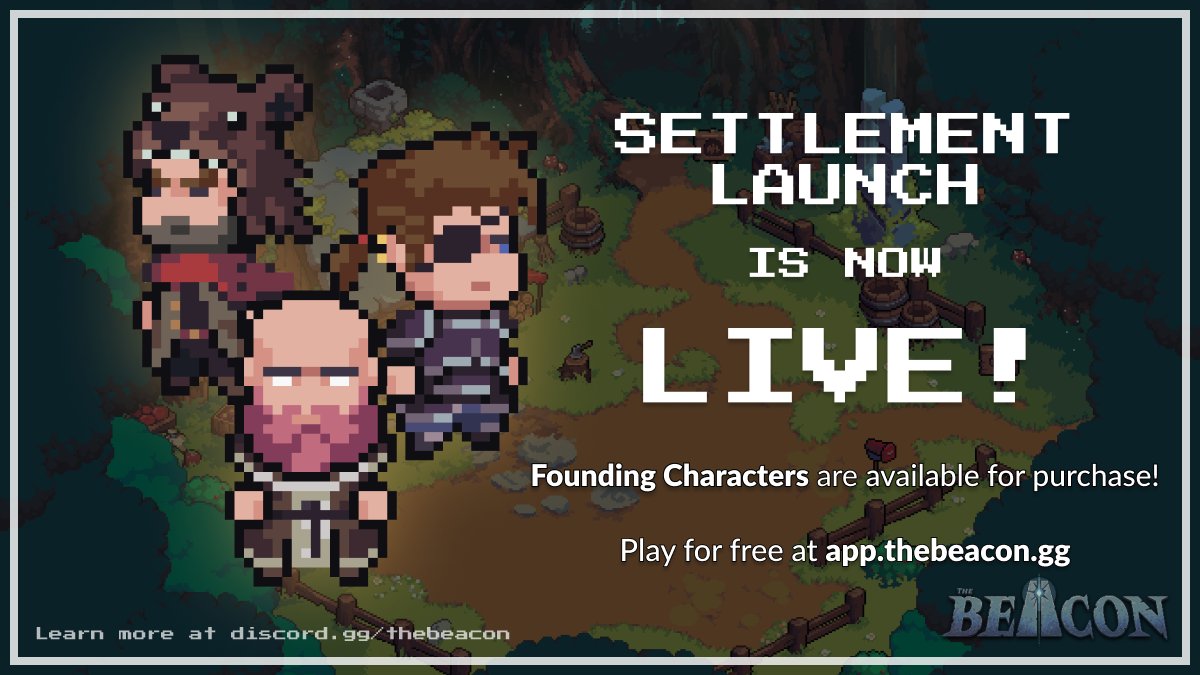 The_Beacon_GG's tweet photo. The Beacon Settlement launch is now LIVE!

Founder characters are available for purchase
No role or WL is required to participate

Play for free at: https://t.co/YKF0XyI6lt
Info: https://t.co/PI8jis8SaP

Perform daily activities, obtain NFTs and raffle tickets!

#TheBeaconLaunch https://t.co/Bbp5gDnNE0