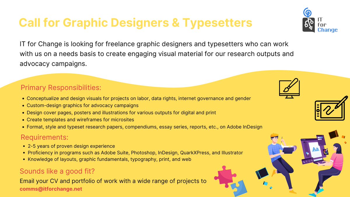 ITforChange's tweet photo. Are you a #freelance Graphic Designer interested in conceptualizing and designing visuals for projects on #labor, #DataRights, #InternetGovernance and #gender? If so, we are looking for you! ๐
Email your CV and portfolio to comms@itforchange.net
#graphicdesigner #adobeindesign https://t.co/s18alI6DPt