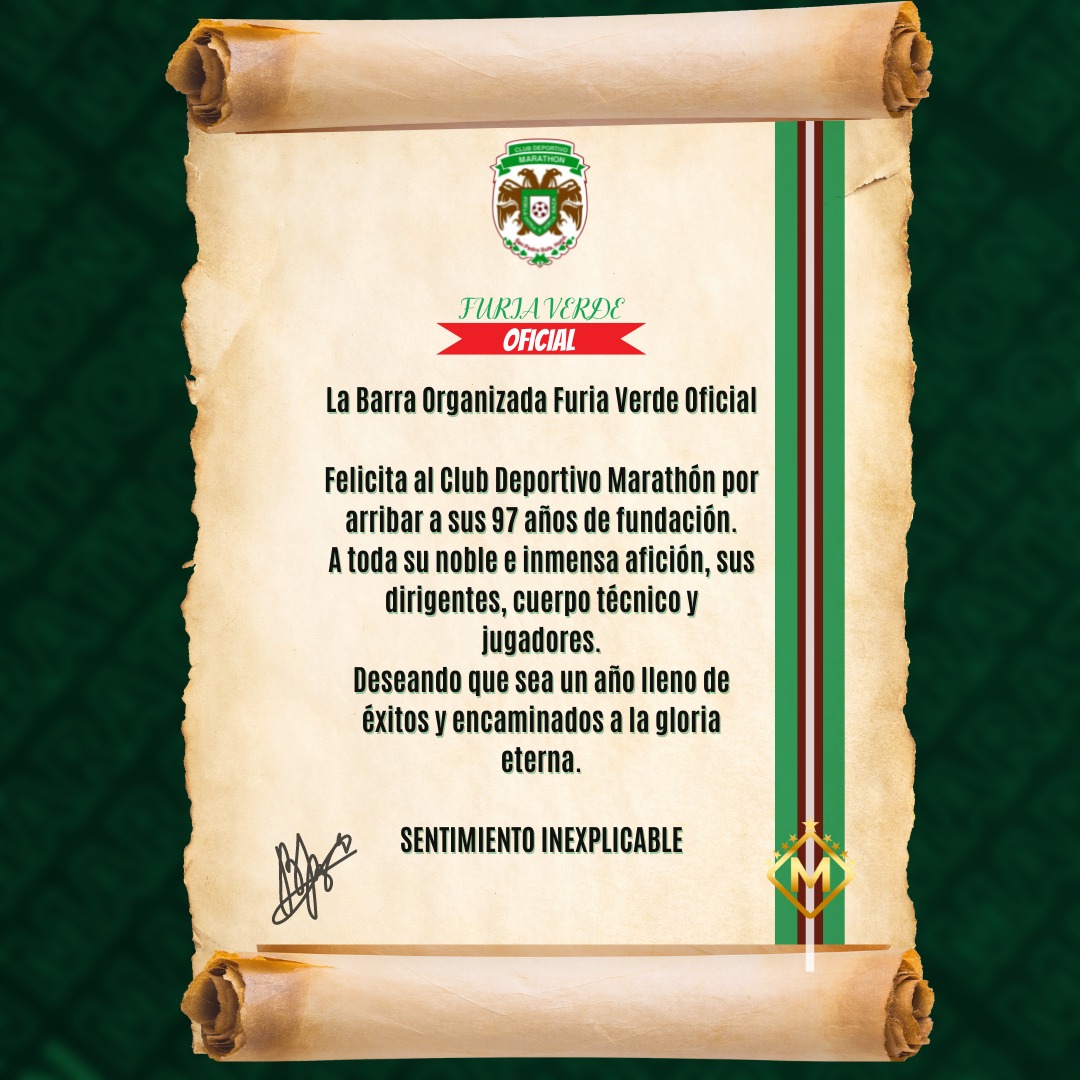 En una fecha como hoy pero 97 años atrás nace en la ciudad  de San Pedro Sula el primer equipo de fútbol del país,  fundado en el barrio de Paz Barahona cuna de la pasión verdolaga .

Hoy arribando a 97 años de historia

¡Feliz Aniversario  <a href="/CDMarathon/">CD Marathón</a> !🇮🇹🦖