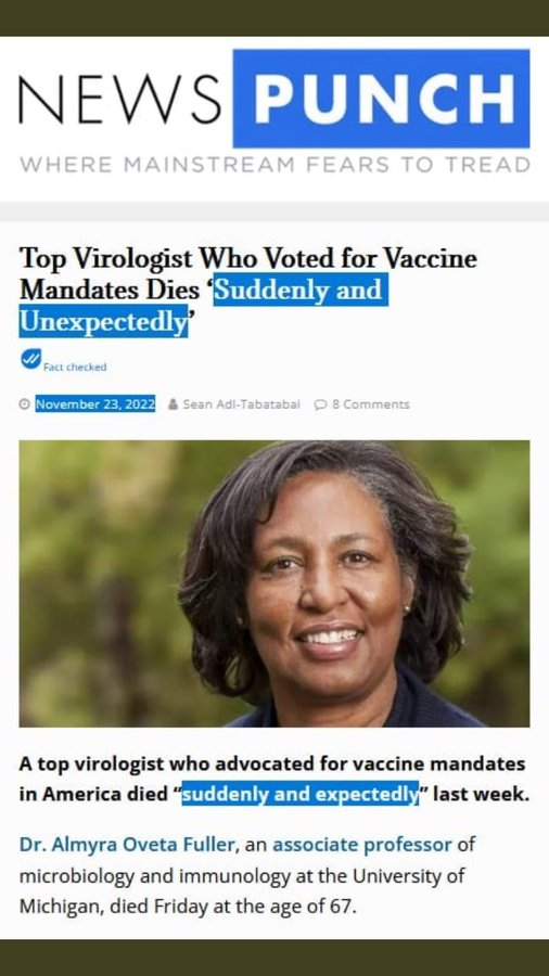ignaziololo1's tweet photo. Conocida Viróloga Almyra Oveta Fuller,  que había votado por la OBLIGATORIEDAD de la 💉, incluyendo a embarazadas y niños, fallece repentinamente. #repentinitis El desenlace de este engaño universal comienza a mostrar su verdadera cara de la manera más trágica. https://t.co/SJvzAiRaRN