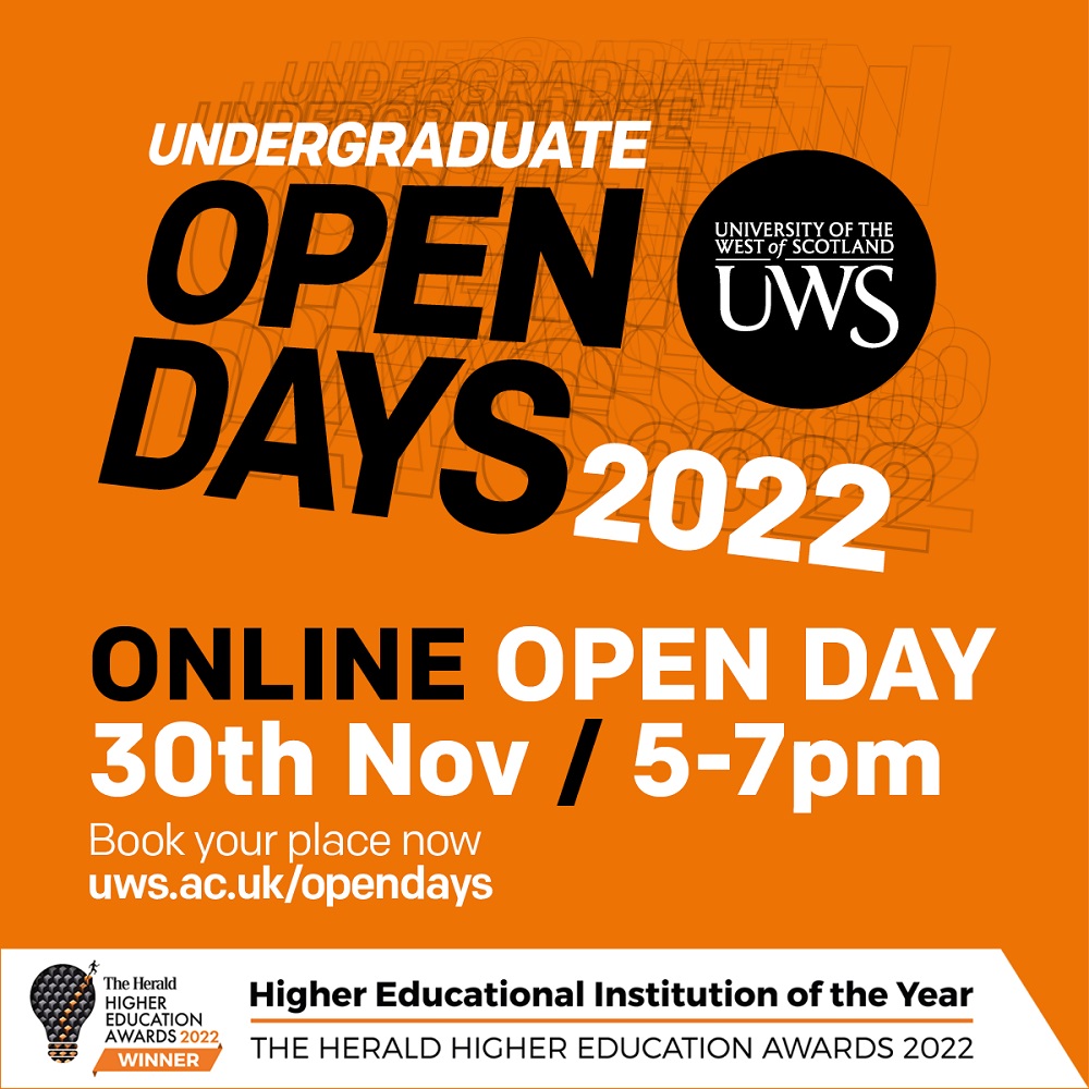 UniWestScotland's tweet photo. @North_Ayrshire Join us for our Online Open Day on Wednesday 30 November (5pm – 7pm) and find out all you need to know about study at UWS. With career-focused courses, and a vibrant student community, you'll be sure to find your place.
Register: https://t.co/dfhNpoTjXO https://t.co/pHMfsCFOTf
