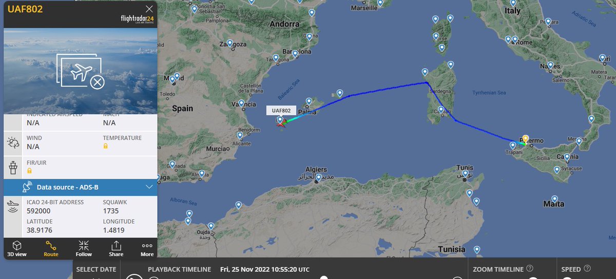 #UAE AF Beechcraft350 #UAF802 fm #Palermo to #Ibiza 
Aircraft possibly hea&ding to #Mauritania where other UAE AF Beechcraft350 #UAF801 is currently deployed