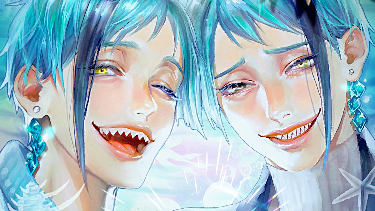 yellow eyes blue lips brothers sharp teeth looking at viewer multiple boys short hair  illustration images