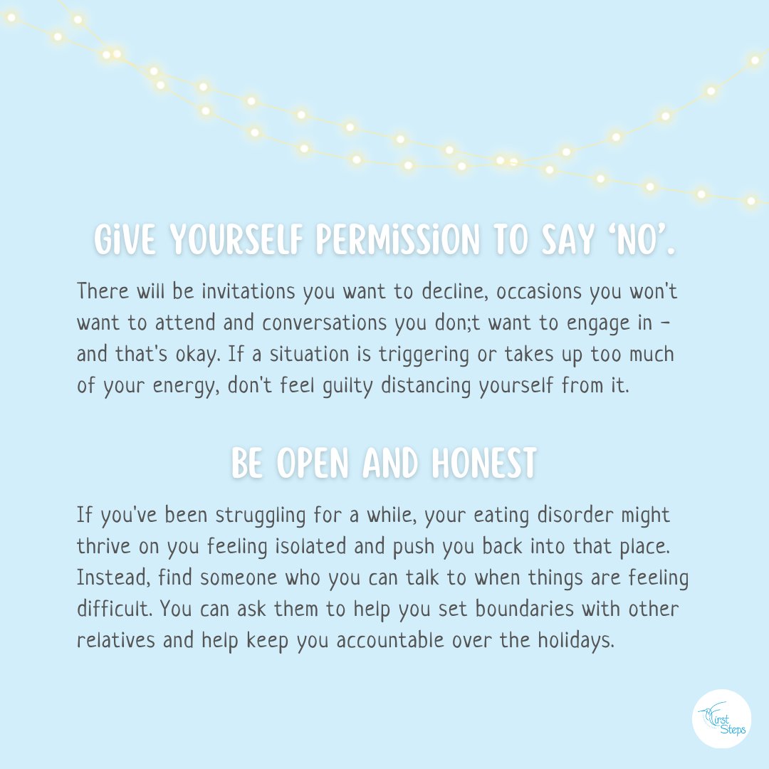 FirstStepsED's tweet photo. Navigating the holidays when you have an eating disorder isn't easy which is why we need boundaries. Make time this week to think about what to do to protect yourself from sacrificing your own energy or wellbeing. Self care isn't selfish... #SupportAtChristmas #EatingDisorders https://t.co/Y7Gv9YL4Up