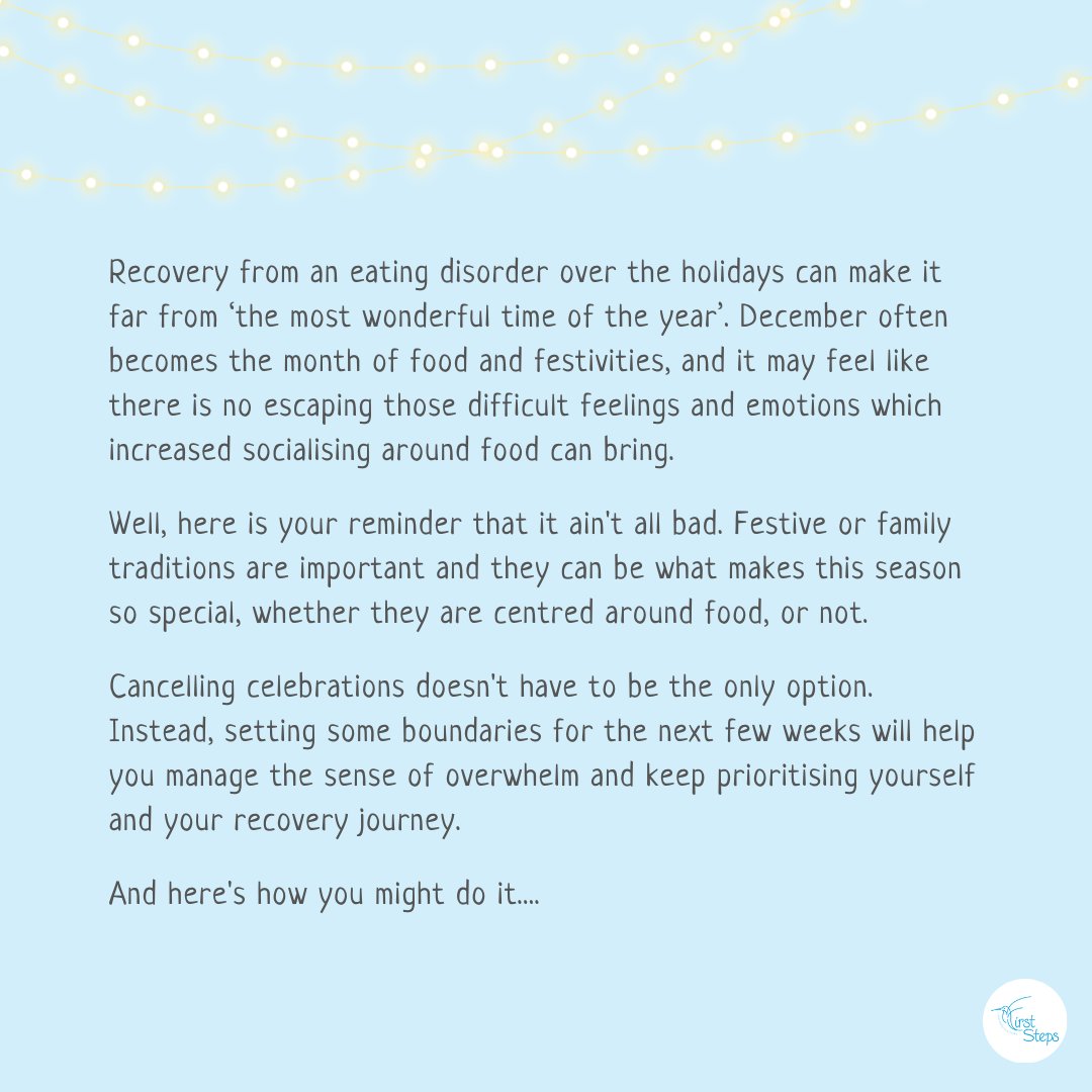 FirstStepsED's tweet photo. Navigating the holidays when you have an eating disorder isn't easy which is why we need boundaries. Make time this week to think about what to do to protect yourself from sacrificing your own energy or wellbeing. Self care isn't selfish... #SupportAtChristmas #EatingDisorders https://t.co/Y7Gv9YL4Up