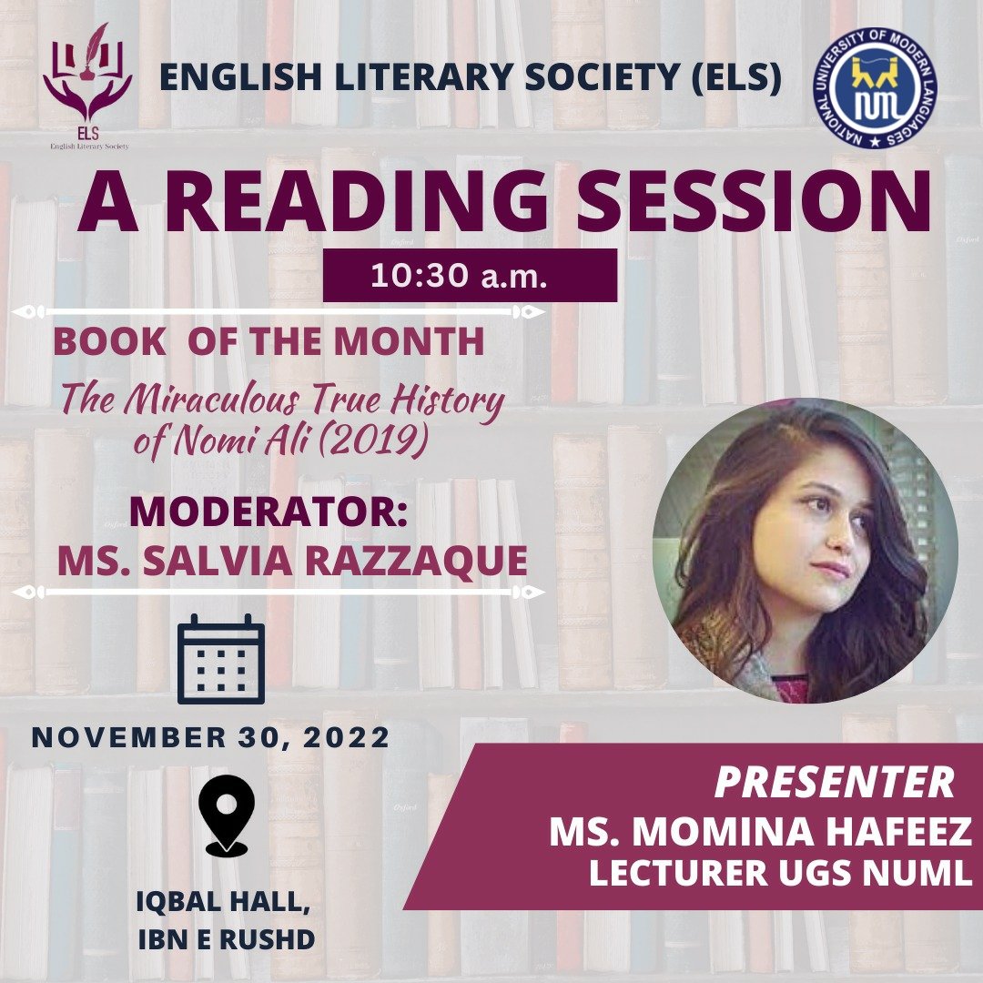 elsnuml's tweet photo. Hi everyone,
ELS is initiating the Reading Club sessions after the Literary Circles to foster a spirit of reading in our younger generation. Our team will try and bring you discussions about contemporary books from some learned readers!
#els #numl #readingsessions https://t.co/x5WTTgUWY8