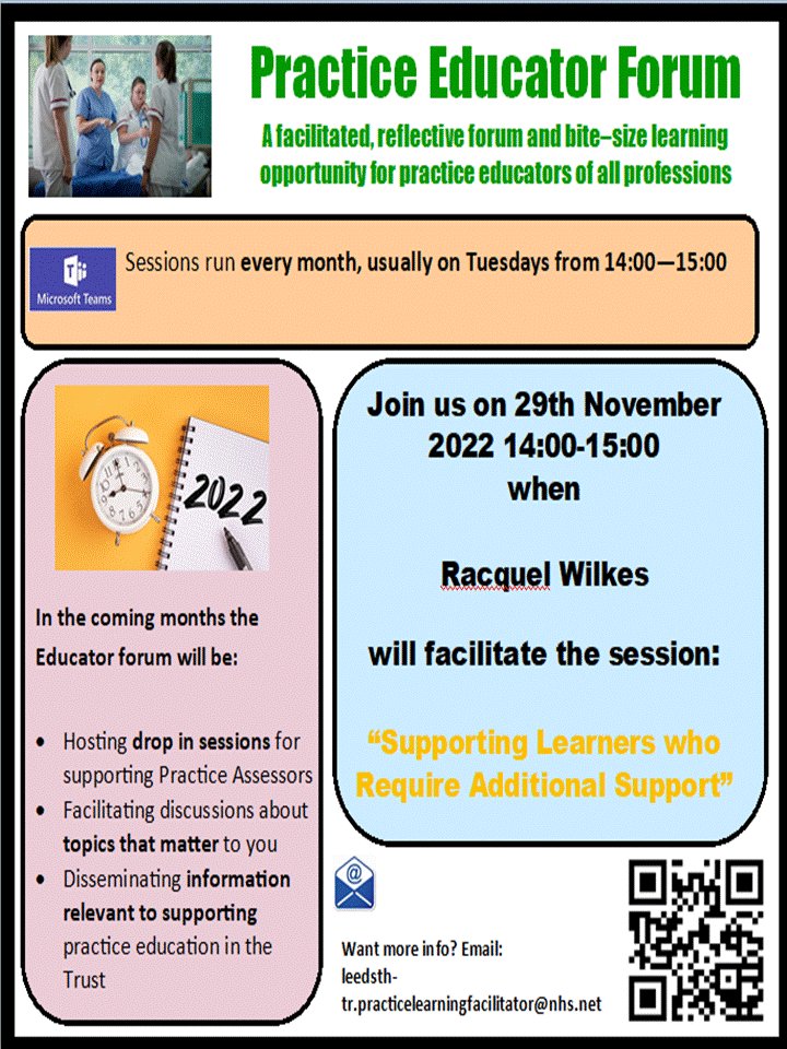 Practice Learning Facilitators LTHT (@lthtlearning) on Twitter photo 📢Calling all Practice Educators to join us next Tuesday 29/11/22 when <a href="/WilkesRacquel/">Racquel Wilkes</a> will facilitate our Educator Forum #supportinglearners @TanzRayaz <a href="/LeedsHealthcare/">School of Healthcare</a> <a href="/LBUHealth/">The School of Health, Leeds Beckett University</a> <a href="/Workbased_L/">Work Based Learners LTHT</a> <a href="/EducatorsTRS/">Clinical Educator TRS</a> 📢Calling all Practice Educators to join us next Tuesday 29/11/22 when <a href="/WilkesRacquel/">Racquel Wilkes</a> will facilitate our Educator Forum #supportinglearners @TanzRayaz <a href="/LeedsHealthcare/">School of Healthcare</a> <a href="/LBUHealth/">The School of Health, Leeds Beckett University</a> <a href="/Workbased_L/">Work Based Learners LTHT</a> <a href="/EducatorsTRS/">Clinical Educator TRS</a>