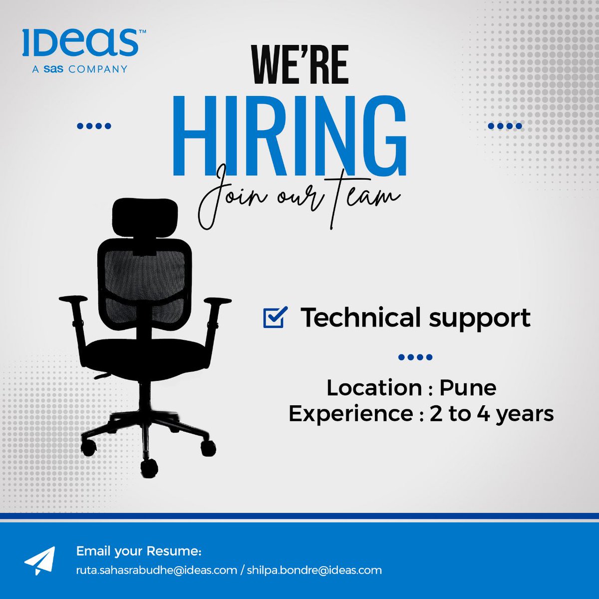 We are hiring!
Role - Technical Support 
Location: Pune
Experience - 2 to 4 years
#IDeaS #SAS #hospitality #productcompany #TechnicalSupportSpecialist #TechnicalSupportEngineer #technicalsupport #Technicaljobs #corporatejobs #corporatelife #corporatecompany #pune #maharashtra