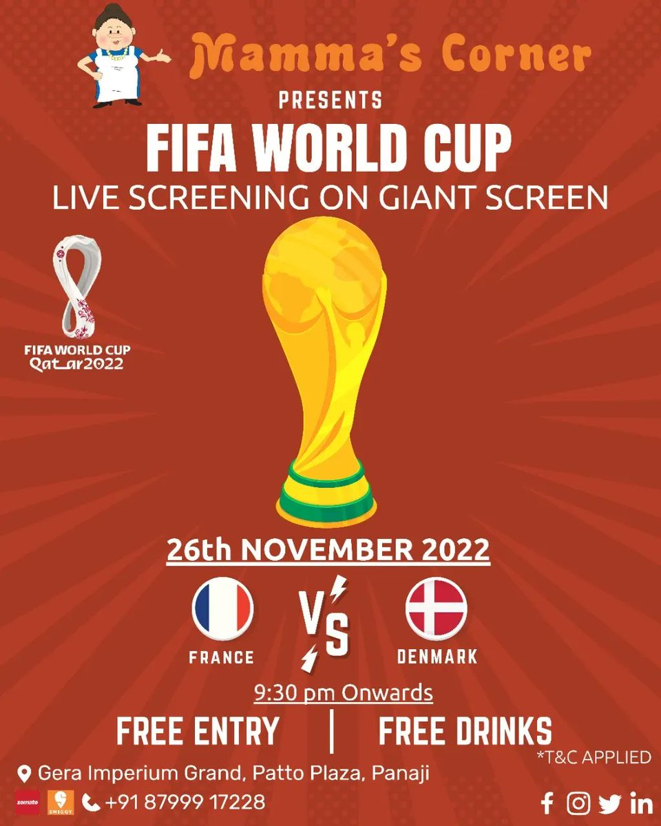 MammasCorner's tweet photo. A rough match needs a smooth drink. Grab your free drinks on specified matches.🍻
.
.
#fifaworldcupqatar #fifaqatar2022  #footballnight #footballfridaynight #panjimcity #fifa #fifa22 #football #worldcup #fifaworldcup #fifaworldcup2022 https://t.co/LOwUhJ4J8K