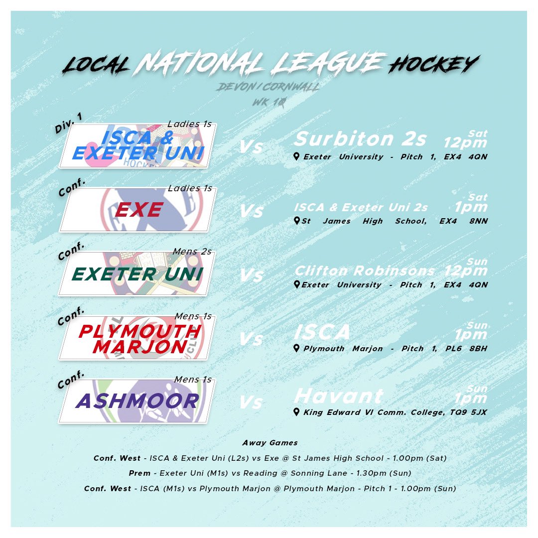 🏑 Local NL Hockey - Week 10

Final round of games before the Xmas break for most this weekend. Plymouth Marjon v ISCA the standout game of the week. Both teams joint on points and sitting 2nd &amp; 3rd respectively at the top of the West Conference!

#englandhockey #nationalleague