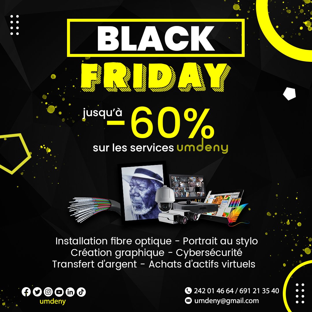 umdeny's tweet photo. C'est le BLACK FRIDAY !!!

Profitez de la méga promotion chez Umdeny, jusqu'à 60% de réduction sur nos services du 25 Novembre au 2 Décembre.

Contactez nous directement via les numéros (WhatsApp) +237 242 014 664 ou 691 213 540 https://t.co/M6eSMEN50f