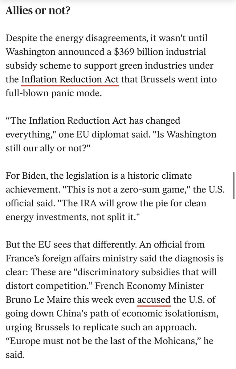 INArteCarloDoss's tweet photo. Is EU finally waking-up to Biden’s administration’s plan to literally destroy it’s industry and economy. When I read the level of imbecility that permeates from EU politicians, there is reason for concern… The below is not some Russian fringe shit paper, it’s Politico https://t.co/jwvFYmGs7C