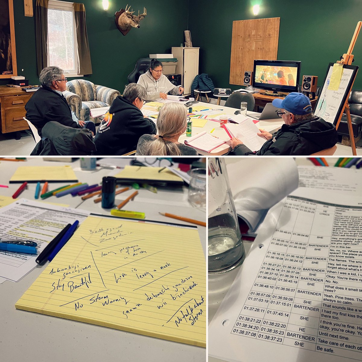 darlenenaponse's tweet photo. Stellar (film) Anishinaabemowin translation Day 1. Part of language translation is understanding the intent and meaning of all the words and actions. The beautiful speakers spend time watching the film and reading the original script.  Pt1 https://t.co/fSc1SFb61p