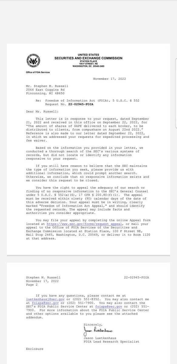 Stephenmrussel2's tweet photo. #AMC #APE 
I asked the @SEC_Enforcement if they have a share count of $APE @ the day of issuance to each broker... 

Surprise surprise they don't even know a basic inventory, yet are expected to police it... share it please. https://t.co/3QDjHxcgN3