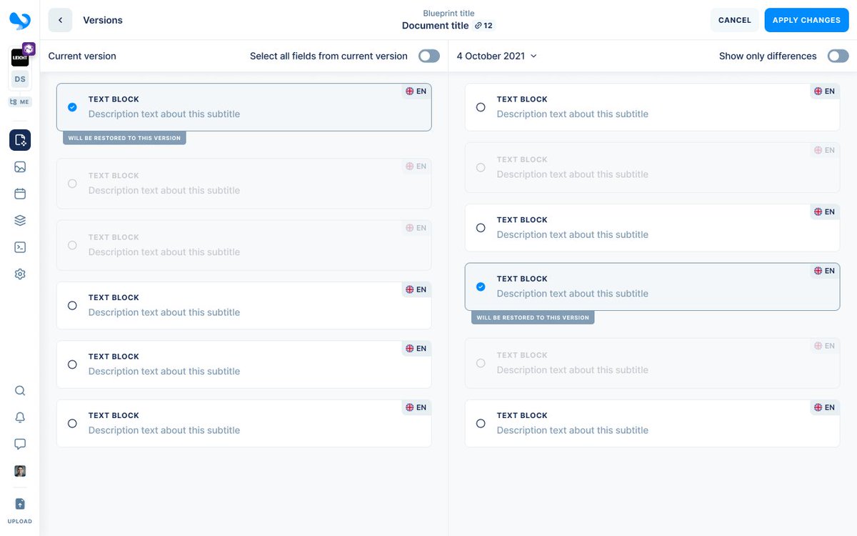 caisyio's tweet image. Another #caisy-feature that makes content management and #webdeveloptment easier: 
Versioning allows you to compare old and new versions of a project, see changes and even undo them. Nothing is lost. 😇
