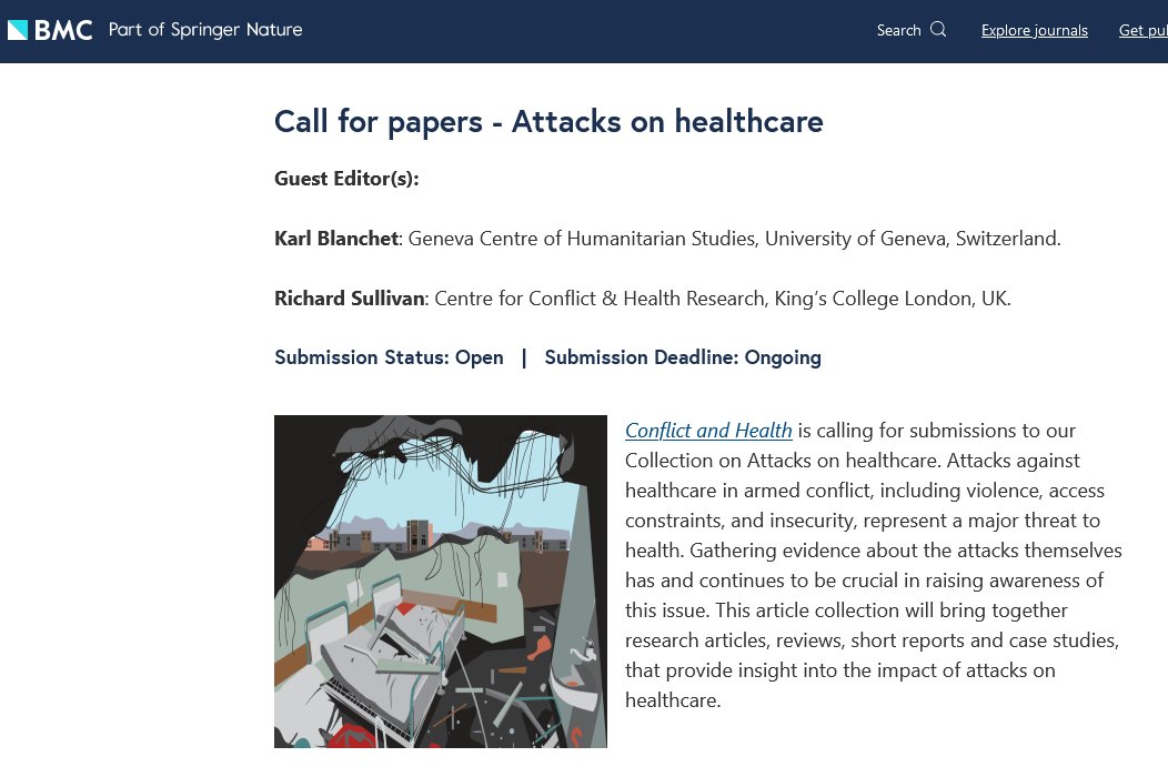 Prof Karl Blanchet (@blanchetkarl) on Twitter photo We are launching a new paper series on <a href="/Conflict_Health/">Conflict and Health</a> on attacks against healthcare in armed conflict together with <a href="/SullivanProf/">Richard Sullivan</a>. Submit your paper on biomedcentral.com/collections/AOH
<a href="/Hum_StudiesGVA/">Geneva Centre of Humanitarian Studies</a> <a href="/CHRGatKCL/">Conflict&Health</a> We are launching a new paper series on <a href="/Conflict_Health/">Conflict and Health</a> on attacks against healthcare in armed conflict together with <a href="/SullivanProf/">Richard Sullivan</a>. Submit your paper on biomedcentral.com/collections/AOH
<a href="/Hum_StudiesGVA/">Geneva Centre of Humanitarian Studies</a> <a href="/CHRGatKCL/">Conflict&Health</a>