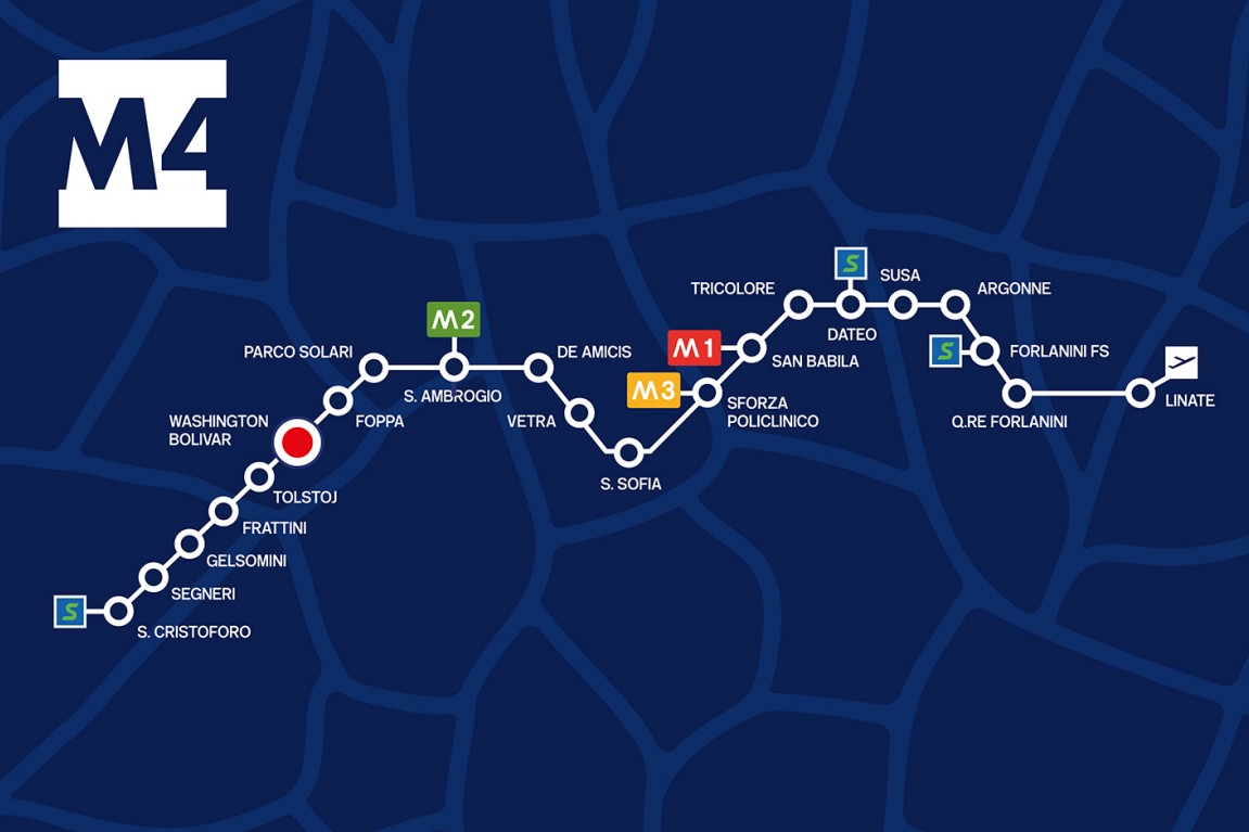 Il tracciato della #m4milano da San Cristoforo all'aeroporto Linate. 14 km di estensione, 21 stazioni totali, 1 deposito, 47 convogli e 90 secondi di frequenza nelle ore di punta.