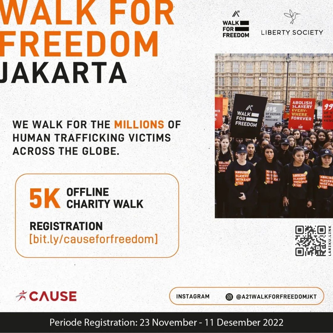 LarikuInfo's tweet photo. π½
π Walk For Freedom Jakarta
π 18 Desember 2022
𧦠5K ⒠Charity Walk
πͺ FX Sudirman - Jakpus
π§‘
π https://t.co/gWpKpyrHAs βͺ
πΊ
πΊ
β’β’β’β’
#WalkForFreedomJakarta #LibertySociety #CauseID #LariKuinfo #CharityEvent https://t.co/iVOx9GeA6D https://t.co/jNkulURyyB
